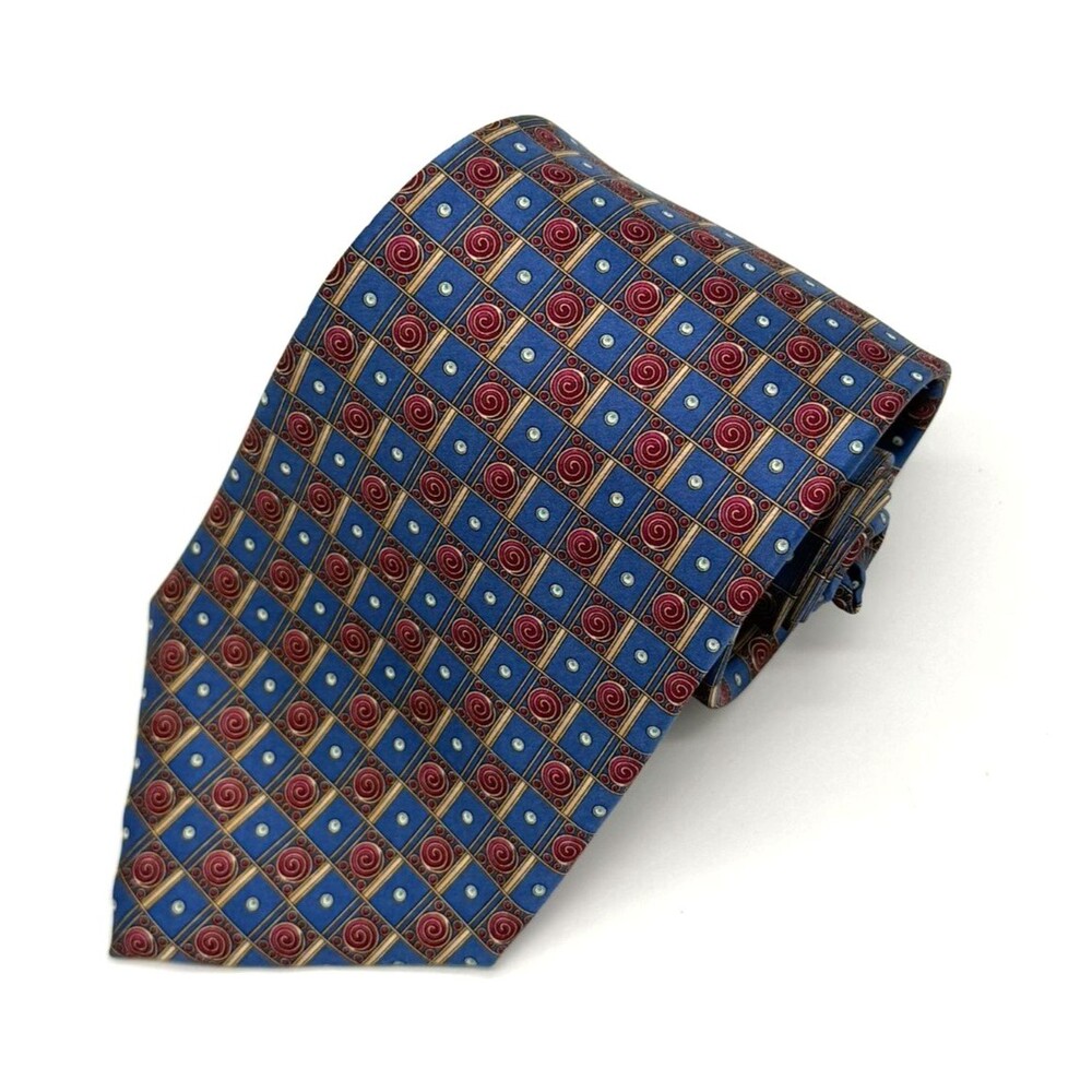 Fabergé Silk Tie Handmade in USA Blue Red Geometric Swirl Design No. 139